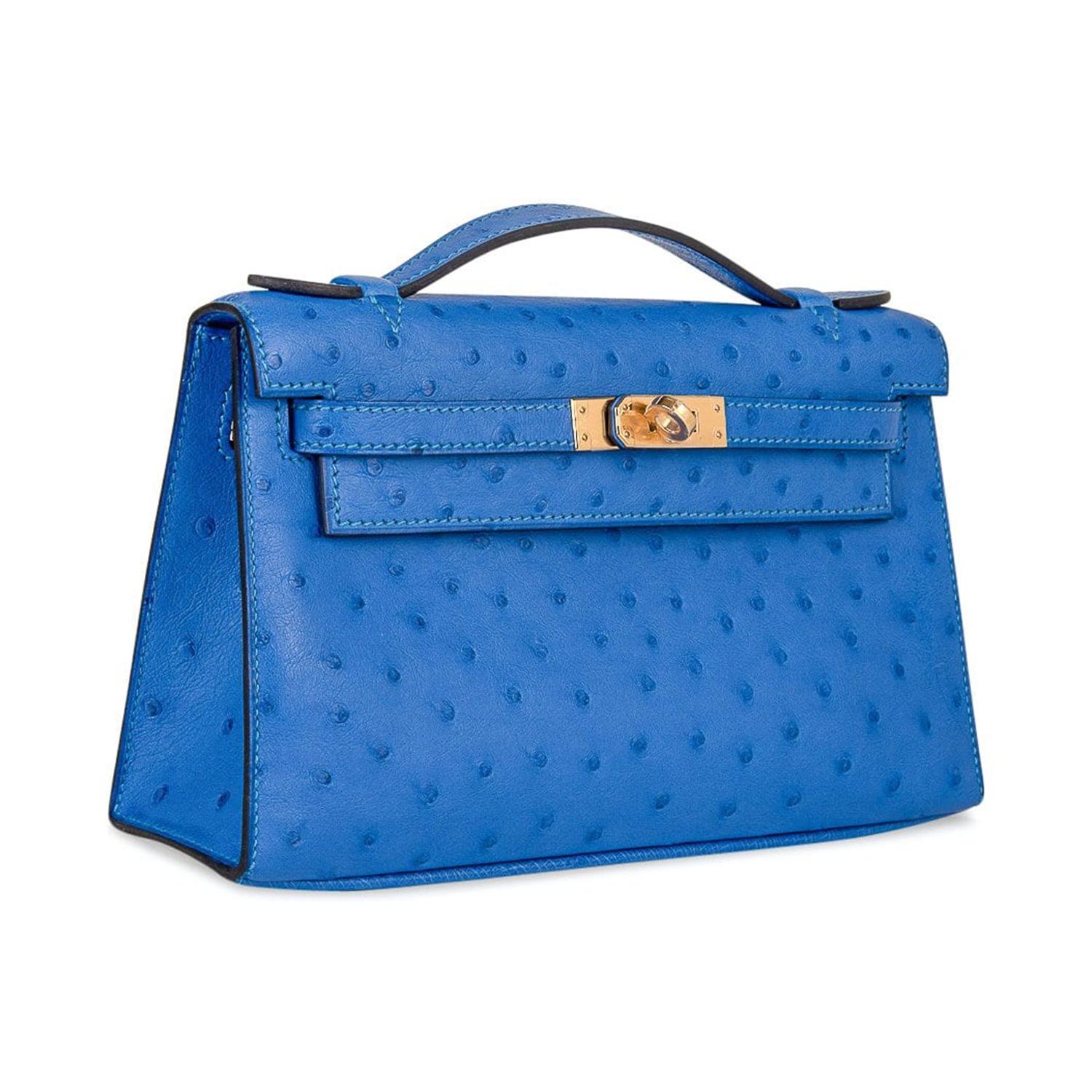 Vivid Azure Dotted Embossed Rectangular Mini Pouch With Golden Twist Lock Clasp And Curved Top Hand Grip Strip