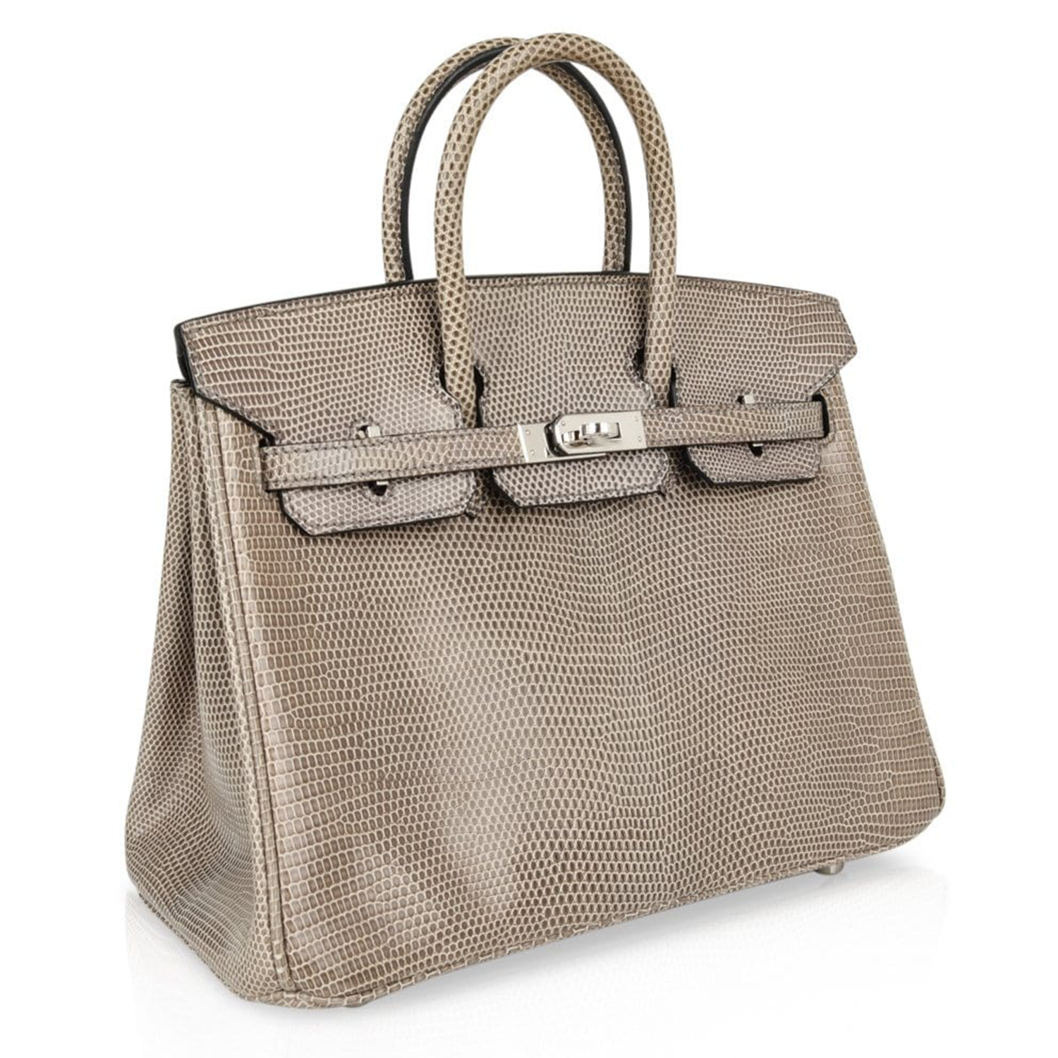 Grey Agate Fine Scale Lizard Grain Embossed Compact Rectangular Tote With Silver Twist Lock Fitting, Matching Lock Key Pouch And Dual Curved Top Hand Loops
