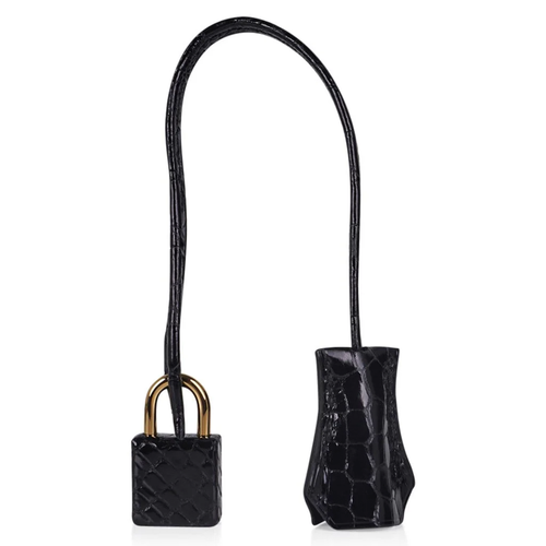 Gloss Jet Black Large Square Scale Embossed Medium Rectangular Tote Crocodile Grain With Golden Twist Lock Hardware, Matching Lock Key Pouch And Dual Curved Top Hand Loops