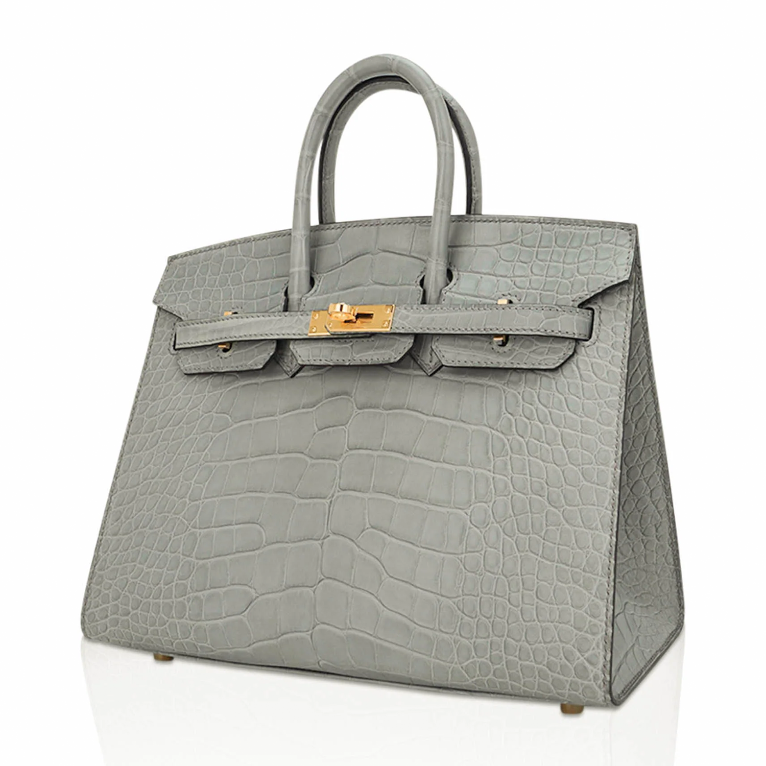 Concrete Grey Matte Large Scale Embossed Compact Rectangular Tote Crocodile Grain With Golden Twist Lock Hardware, Matching Lock Key Pouch And Crisp Outer Stitched Edges