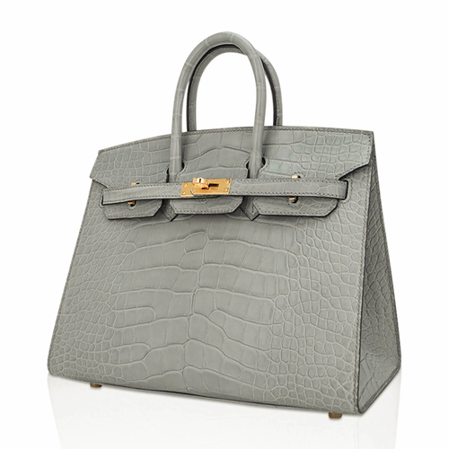 Concrete Grey Matte Large Scale Embossed Compact Rectangular Tote Crocodile Grain With Golden Twist Lock Hardware, Matching Lock Key Pouch And Crisp Outer Stitched Edges
