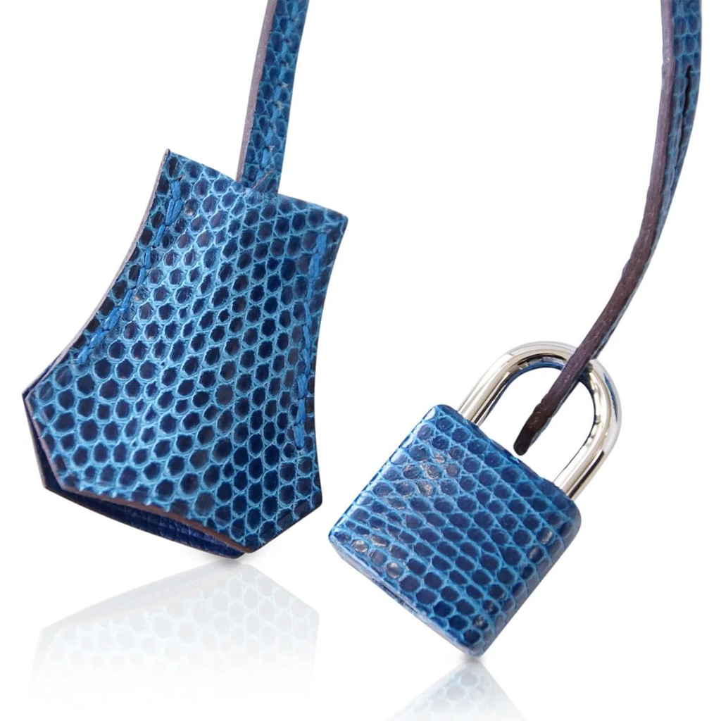 Mediterranean Blue Lizard Grain Fine Scale Embossed Rectangular Tote With Silver Twist Lock Hardware, Matching Lock Key Pouch And Curved Dual Top Hand Loops