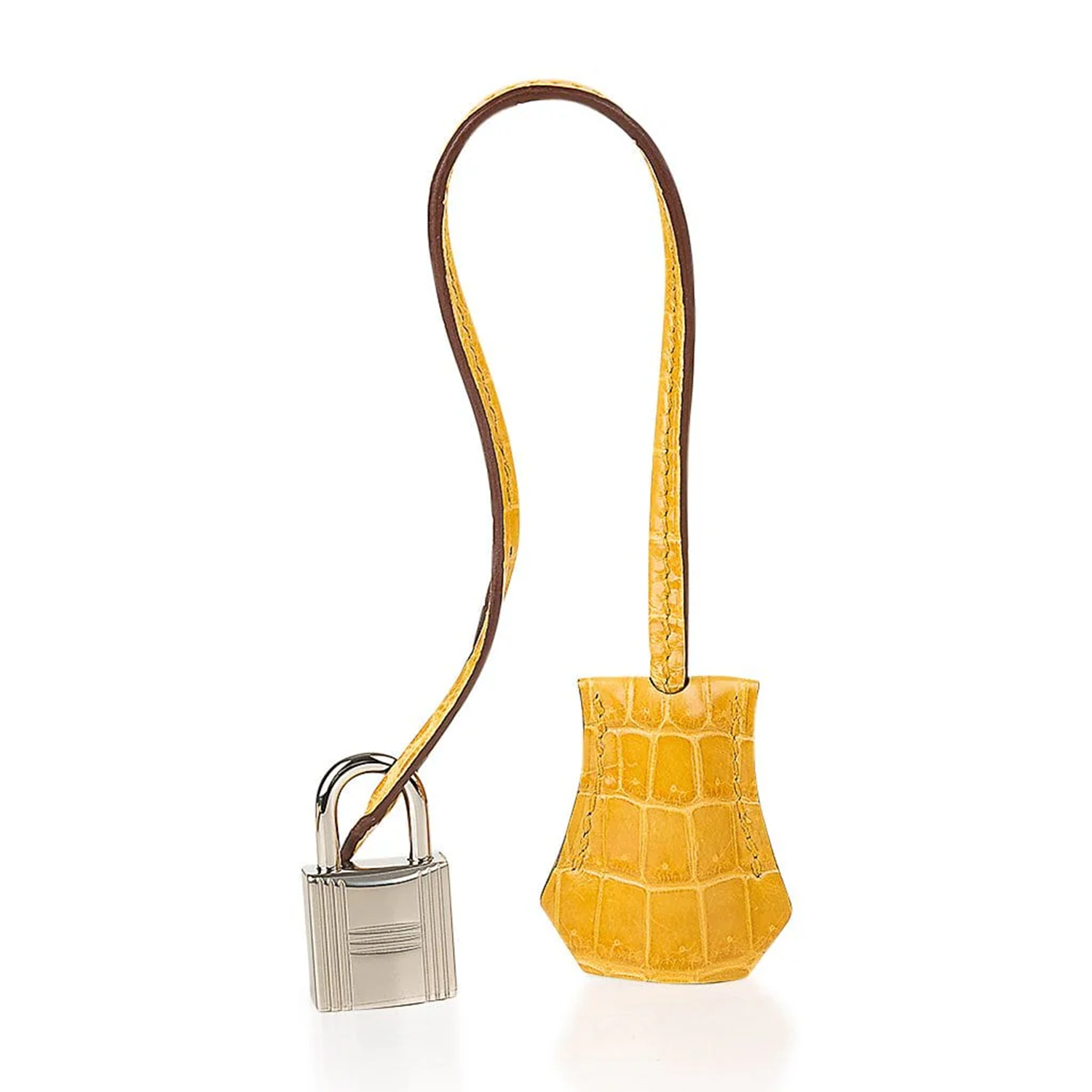 Amber Yellow Dual Texture Rectangular Medium Tote Crocodile Grain With Gloss Scale Flap Panels, Silver Twist Lock Fitting And Matching Lock Key Tassel Set