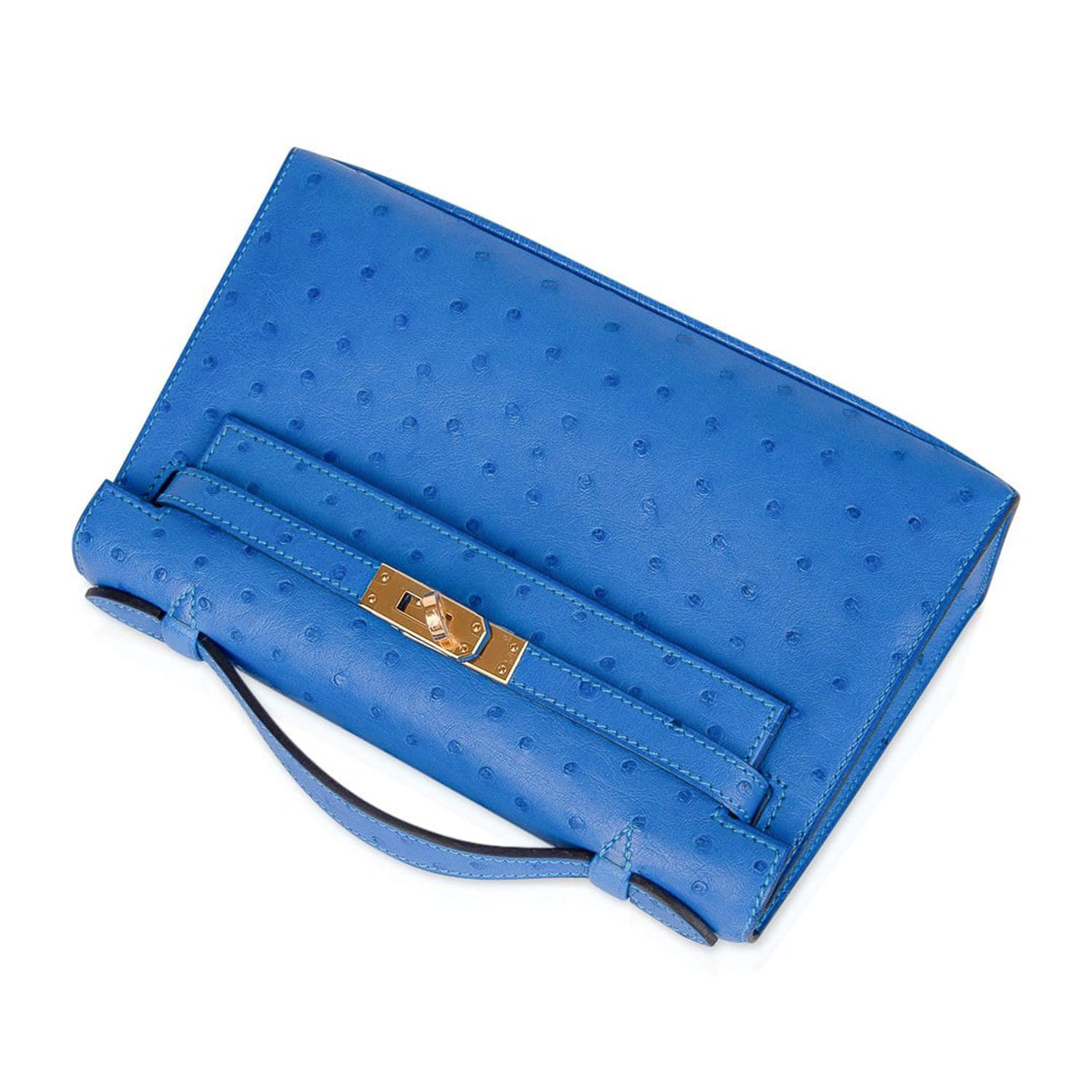 Vivid Azure Dotted Embossed Rectangular Mini Pouch With Golden Twist Lock Clasp And Curved Top Hand Grip Strip