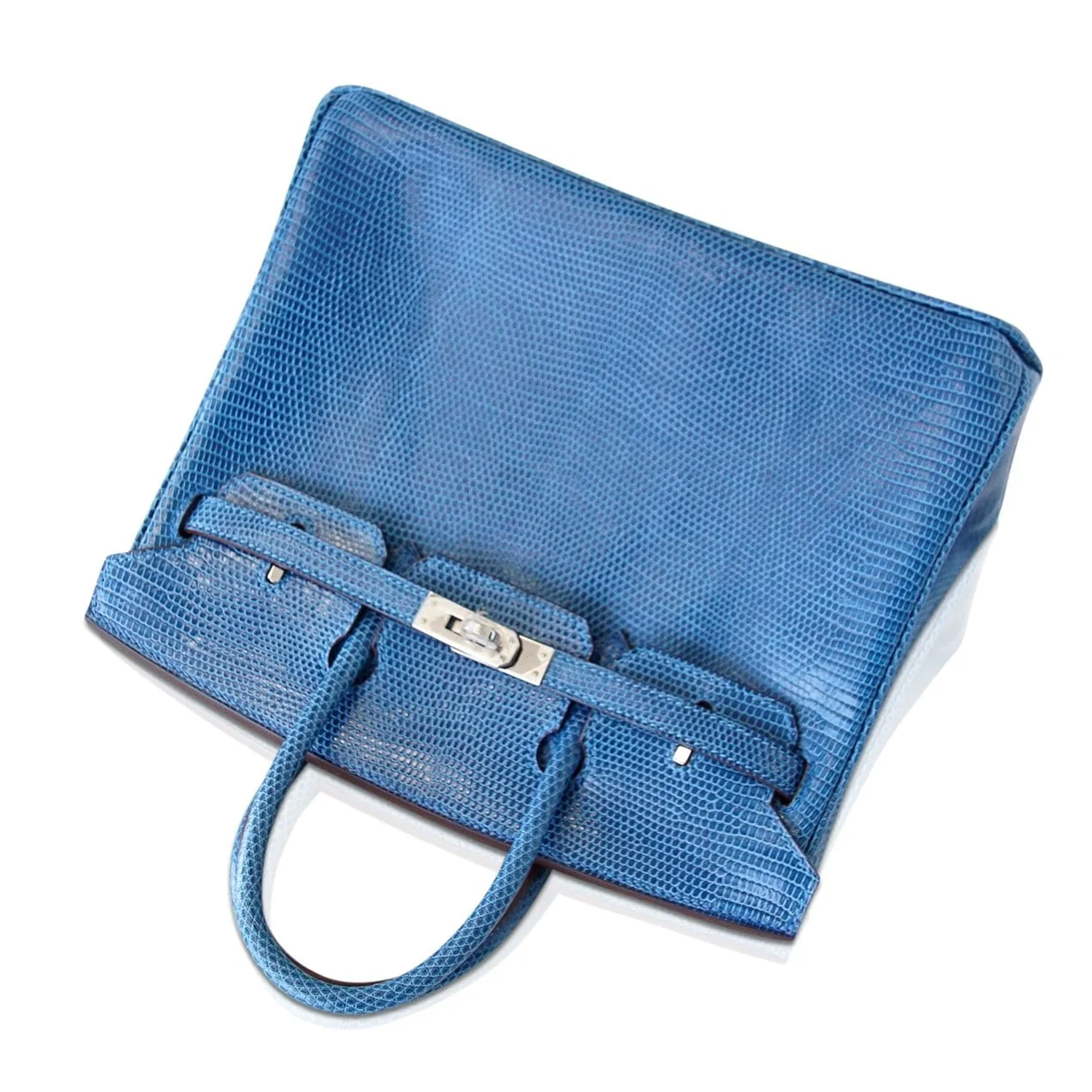 Mediterranean Blue Lizard Grain Fine Scale Embossed Rectangular Tote With Silver Twist Lock Hardware, Matching Lock Key Pouch And Curved Dual Top Hand Loops