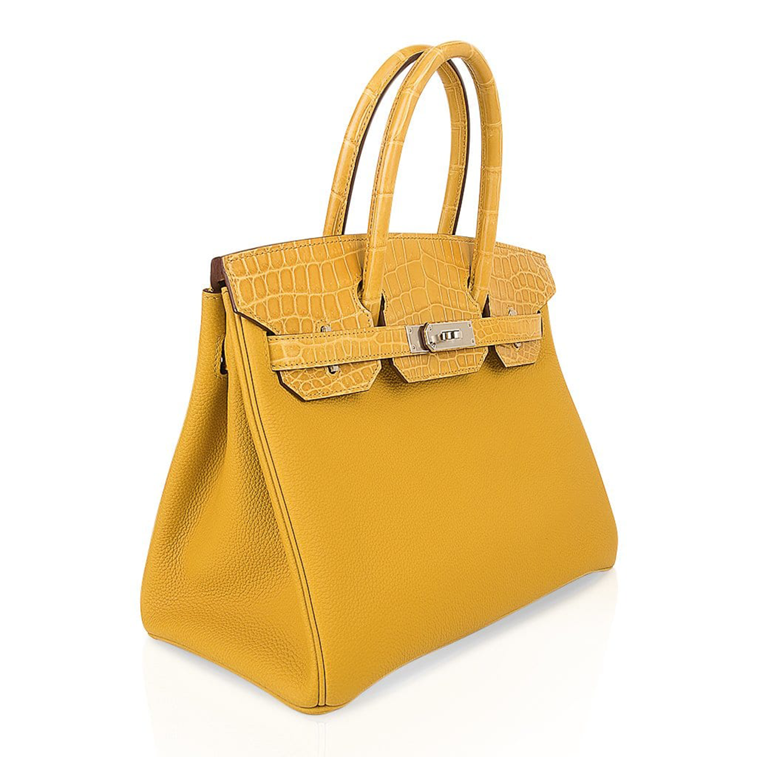 Amber Yellow Dual Texture Rectangular Medium Tote Crocodile Grain With Gloss Scale Flap Panels, Silver Twist Lock Fitting And Matching Lock Key Tassel Set