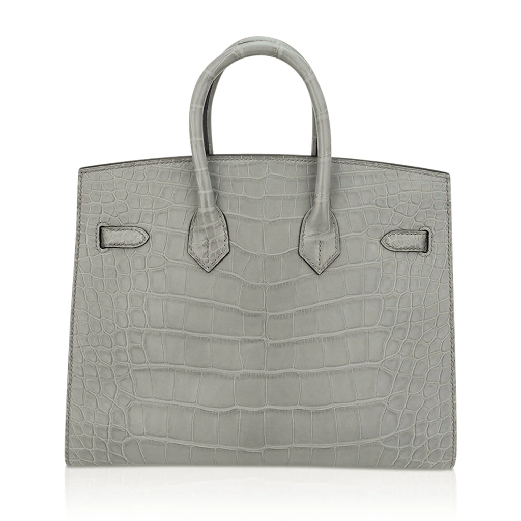 Concrete Grey Matte Large Scale Embossed Compact Rectangular Tote Crocodile Grain With Golden Twist Lock Hardware, Matching Lock Key Pouch And Crisp Outer Stitched Edges
