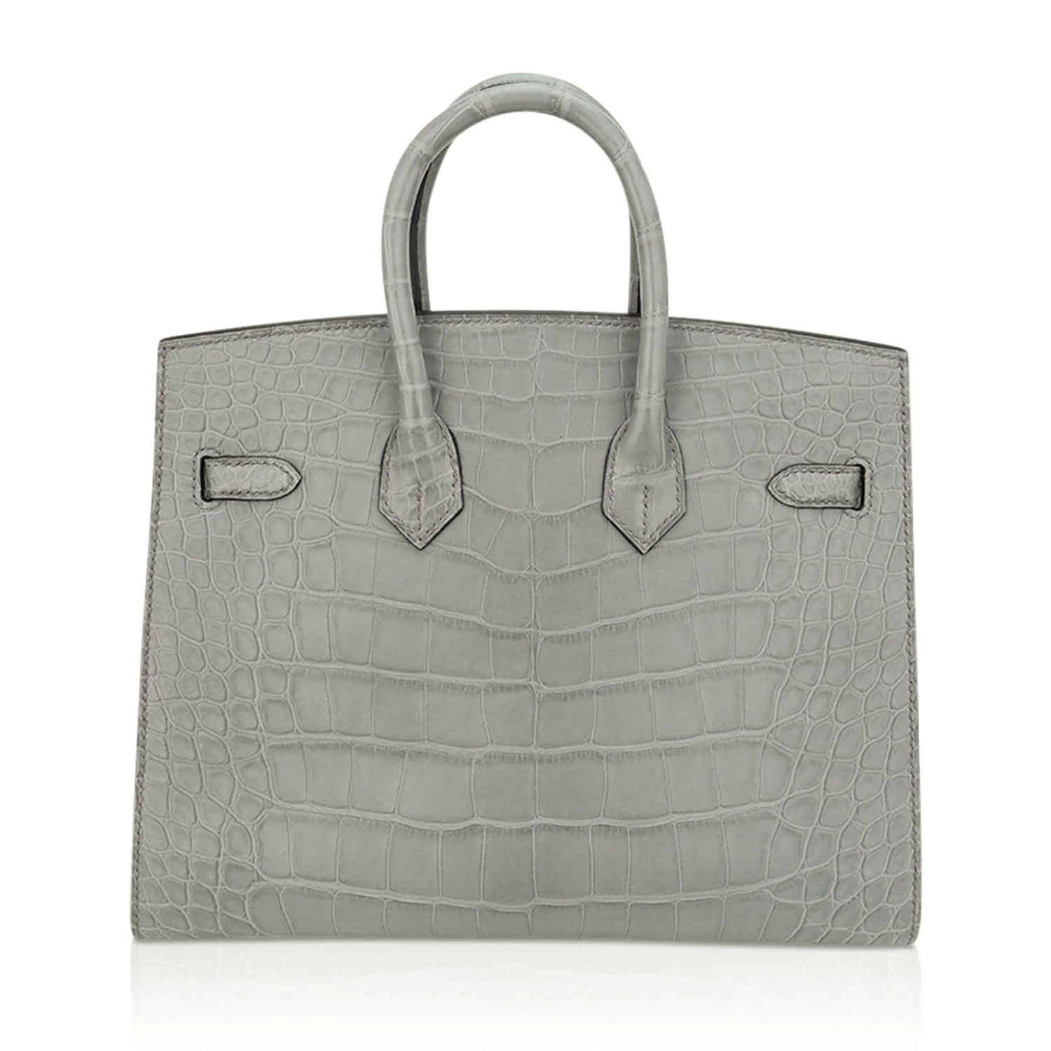 Concrete Grey Matte Large Scale Embossed Compact Rectangular Tote Crocodile Grain With Golden Twist Lock Hardware, Matching Lock Key Pouch And Crisp Outer Stitched Edges