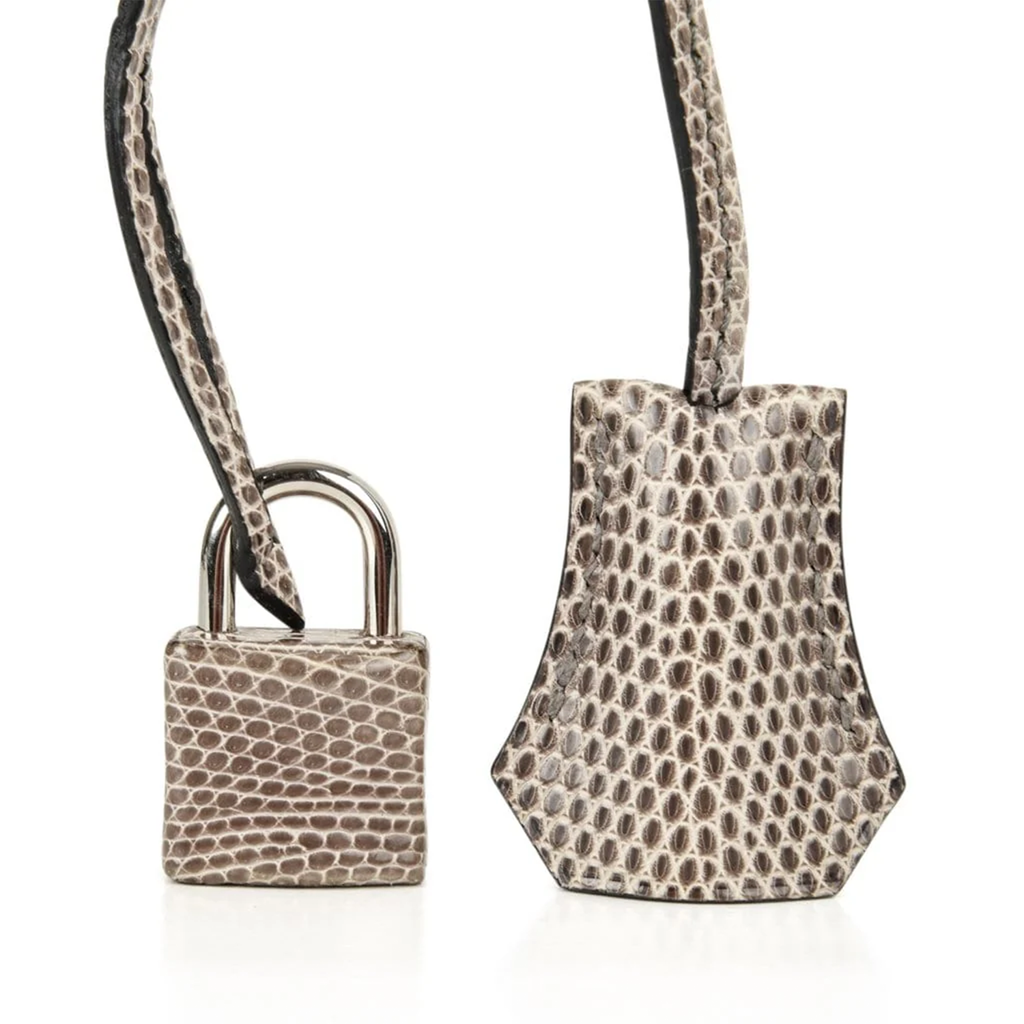 Grey Agate Fine Scale Lizard Grain Embossed Compact Rectangular Tote With Silver Twist Lock Fitting, Matching Lock Key Pouch And Dual Curved Top Hand Loops