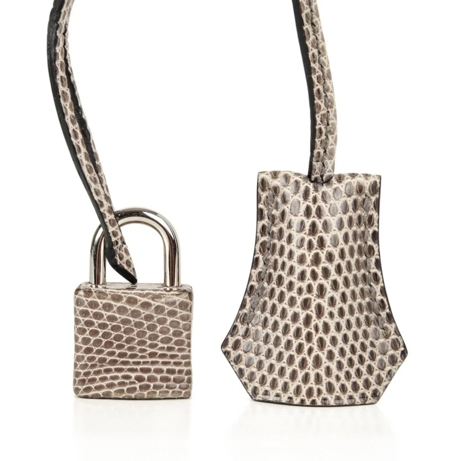 Grey Agate Fine Scale Lizard Grain Embossed Compact Rectangular Tote With Silver Twist Lock Fitting, Matching Lock Key Pouch And Dual Curved Top Hand Loops