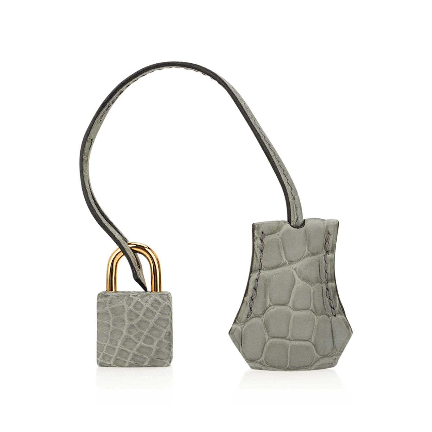 Concrete Grey Matte Large Scale Embossed Compact Rectangular Tote Crocodile Grain With Golden Twist Lock Hardware, Matching Lock Key Pouch And Crisp Outer Stitched Edges