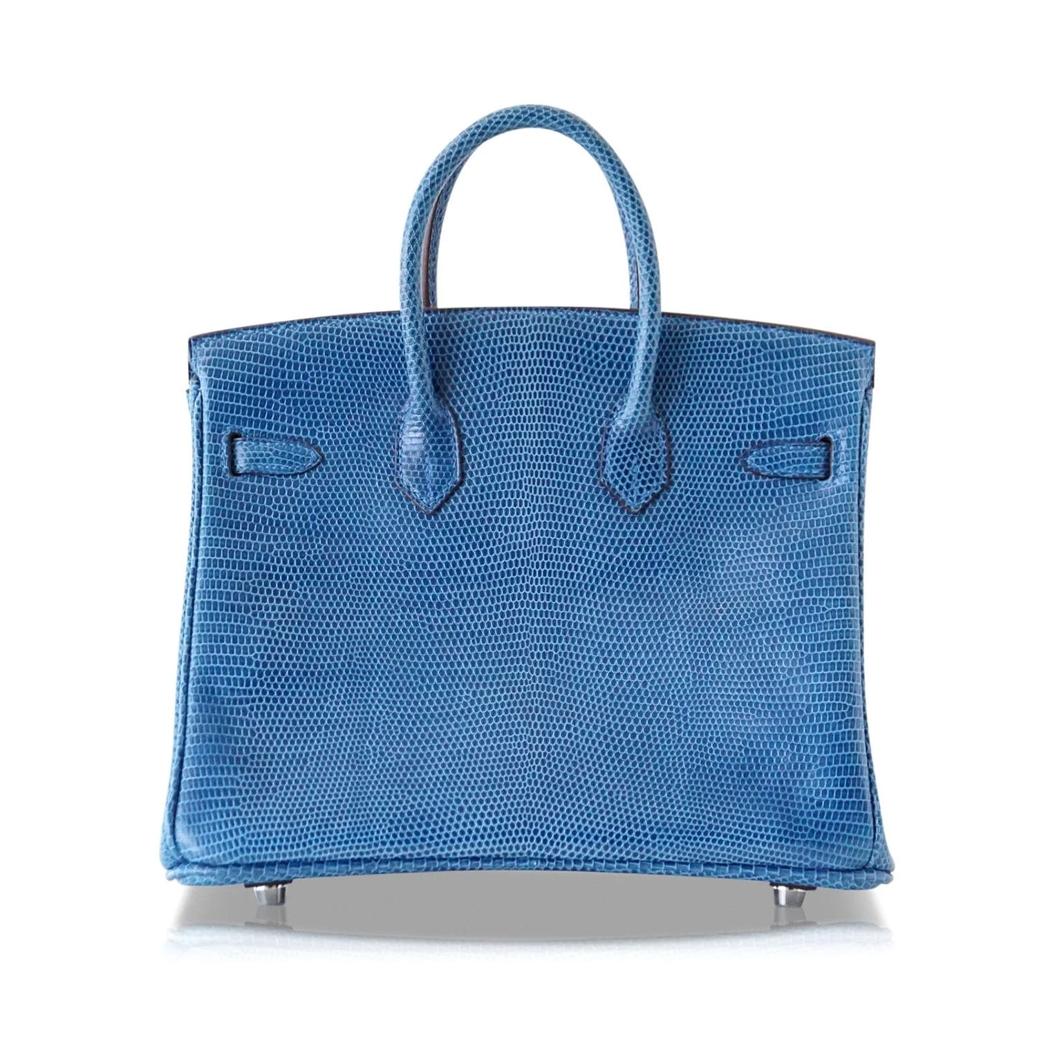 Mediterranean Blue Lizard Grain Fine Scale Embossed Rectangular Tote With Silver Twist Lock Hardware, Matching Lock Key Pouch And Curved Dual Top Hand Loops
