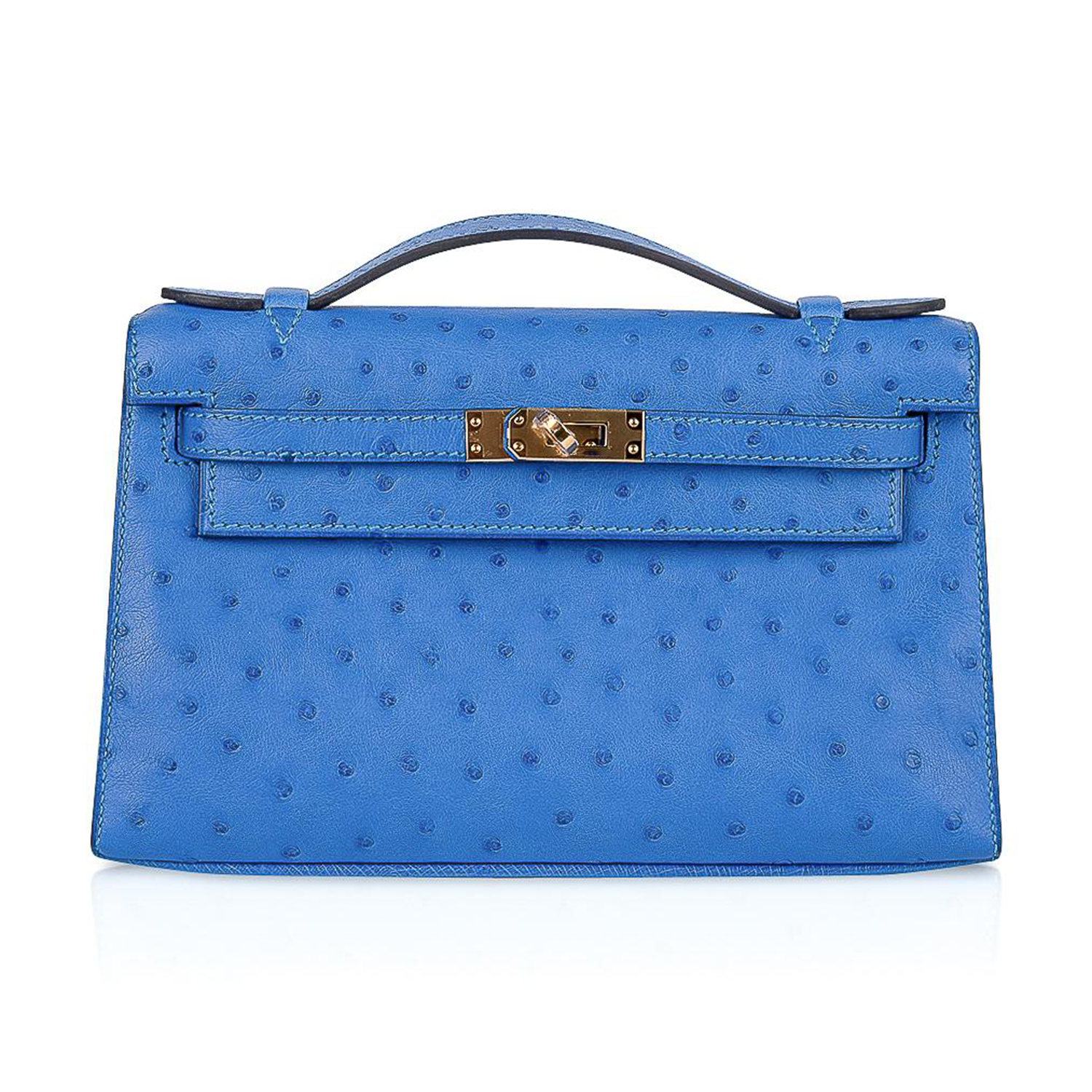 Vivid Azure Dotted Embossed Rectangular Mini Pouch With Golden Twist Lock Clasp And Curved Top Hand Grip Strip