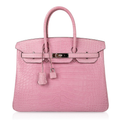 Bubblegum Pink Matte Block Scale Embossed Wide Rectangular Tote Crocodile Grain With Silver Twist Lock Hardware, Matching Lock Key Pouch And Dual Curved Top Hand Grips