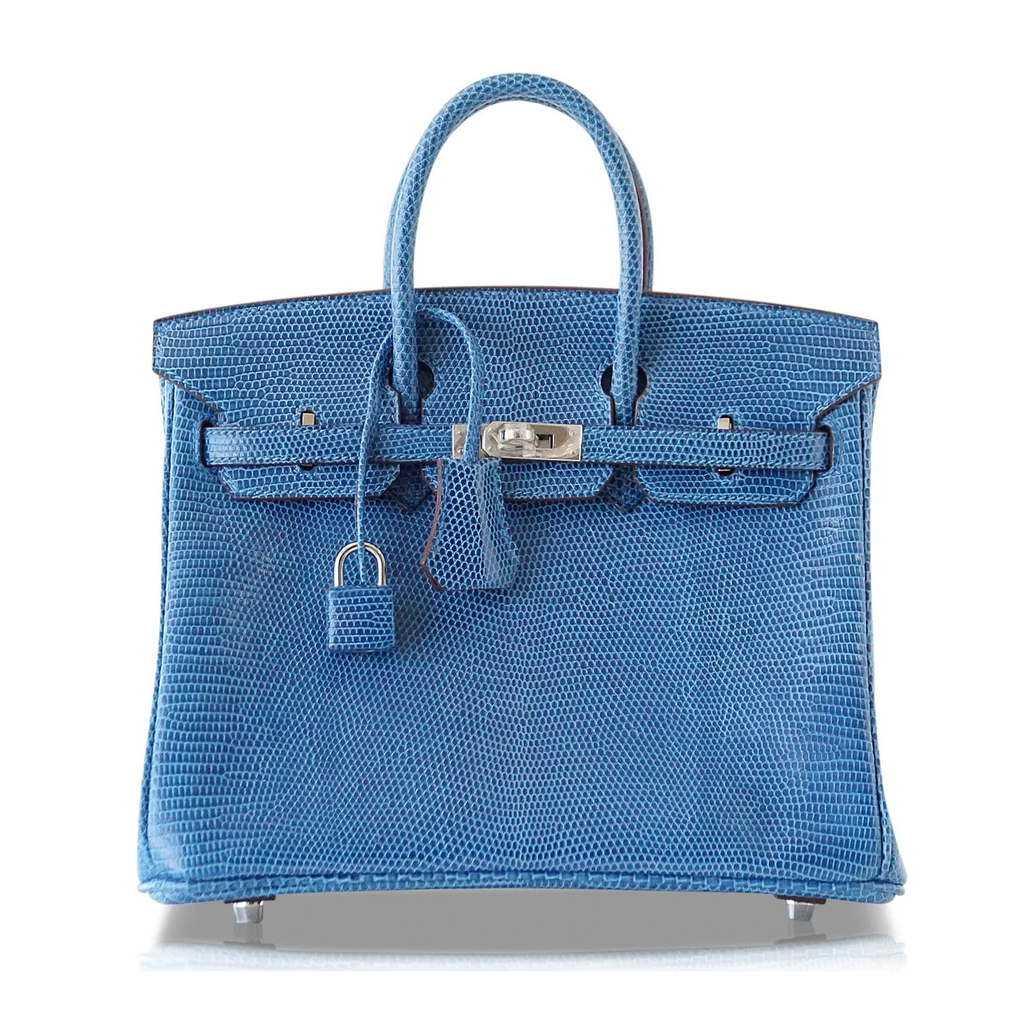 Mediterranean Blue Lizard Grain Fine Scale Embossed Rectangular Tote With Silver Twist Lock Hardware, Matching Lock Key Pouch And Curved Dual Top Hand Loops