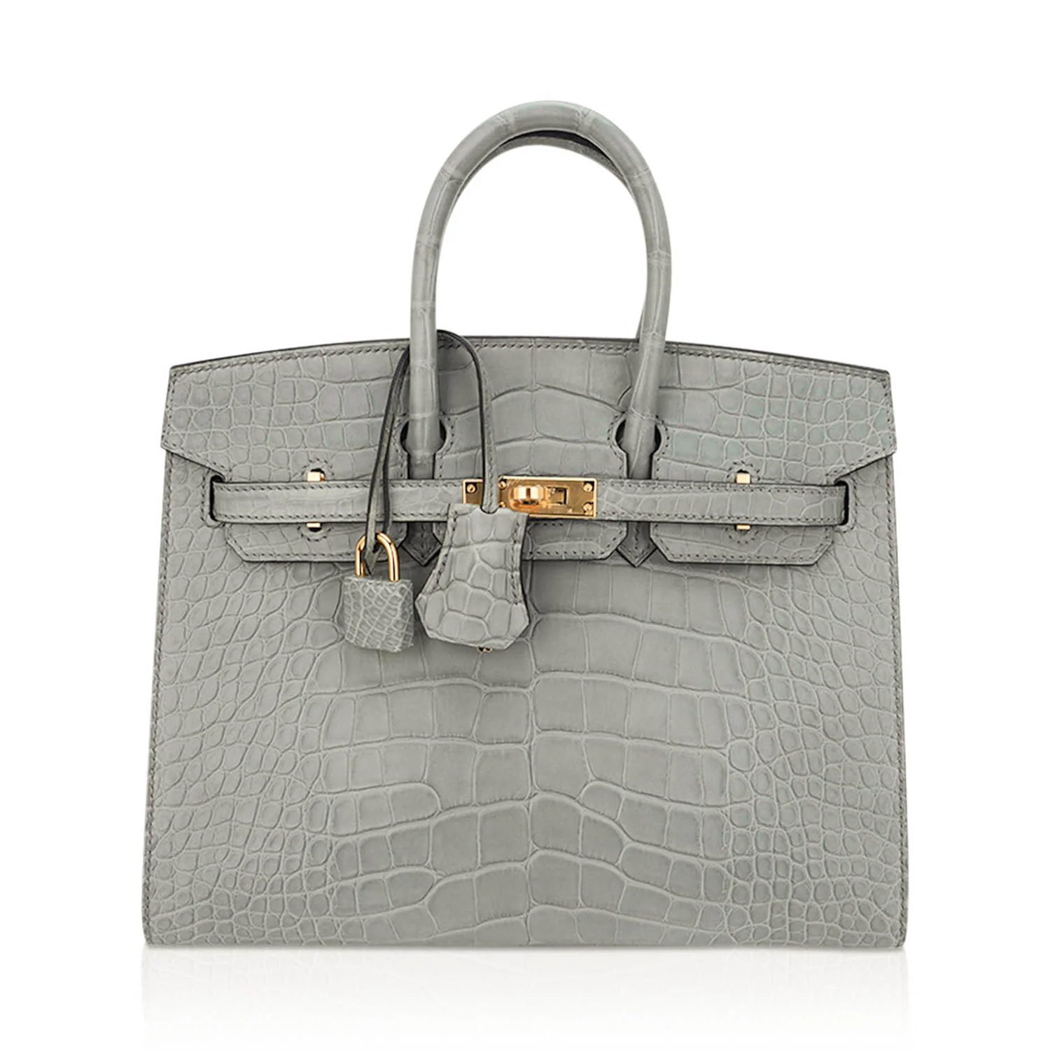 Concrete Grey Matte Large Scale Embossed Compact Rectangular Tote Crocodile Grain With Golden Twist Lock Hardware, Matching Lock Key Pouch And Crisp Outer Stitched Edges
