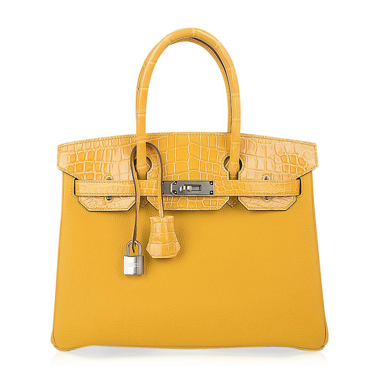 Amber Yellow Dual Texture Rectangular Medium Tote Crocodile Grain With Gloss Scale Flap Panels, Silver Twist Lock Fitting And Matching Lock Key Tassel Set