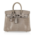 Grey Agate Fine Scale Lizard Grain Embossed Compact Rectangular Tote With Silver Twist Lock Fitting, Matching Lock Key Pouch And Dual Curved Top Hand Loops