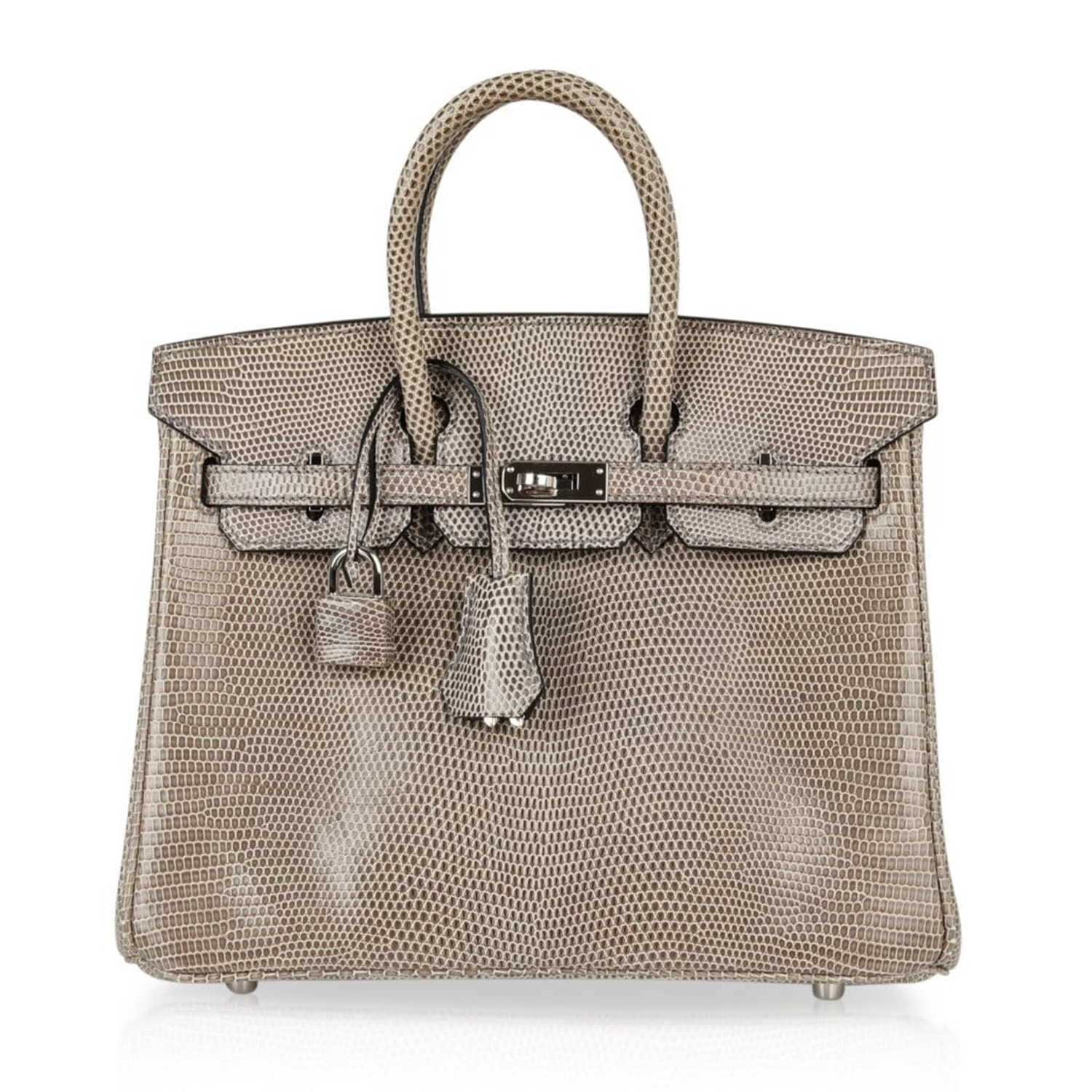 Grey Agate Fine Scale Lizard Grain Embossed Compact Rectangular Tote With Silver Twist Lock Fitting, Matching Lock Key Pouch And Dual Curved Top Hand Loops